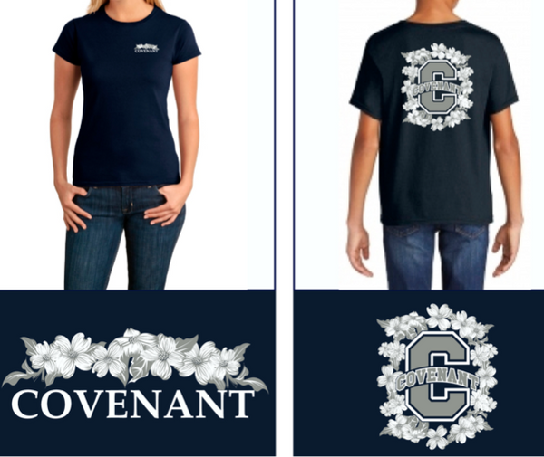 T-Shirt - Cotton - Flower Design Navy - Womens/Girls